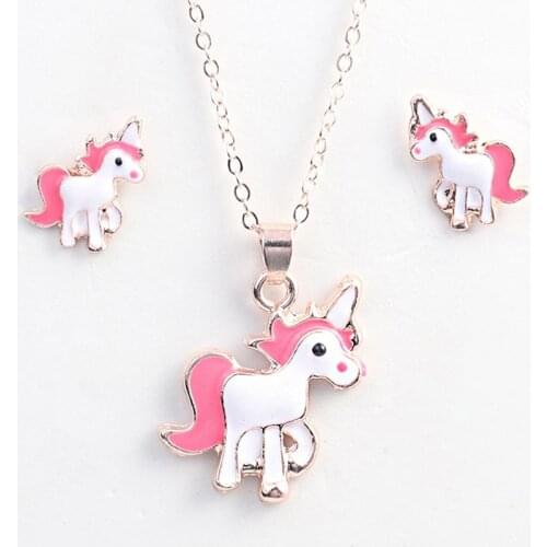 Gold Silver Color Animal Jewelry Set Children Jewelry Cartoon Horse Unicorn Necklace Earring Unicorn Sets For Girls Best Gifts