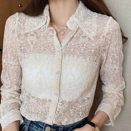 2021 New Fashion Chic Floral Embroidery White Blouse Women Spring Lace Bottoming Shirt Long Sleeve Lapel Korean Hollow Top 13125