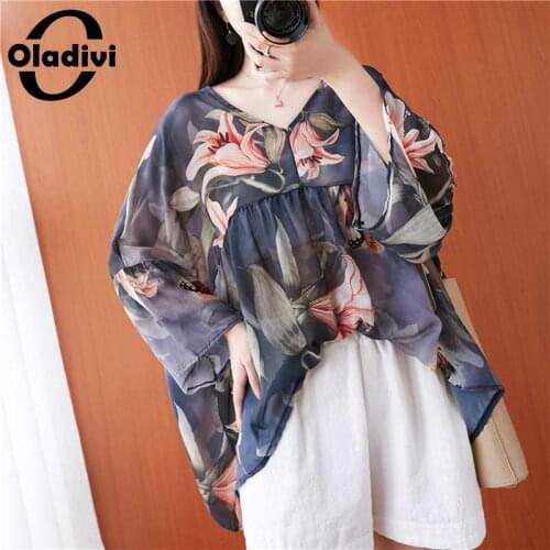 Oladivi Oversized Plus Size Women Fashion Print Chiffon Shirt Summer New Ladies Casual Loose Top Tees Blouse Tunic Blusa 8XL 7XL