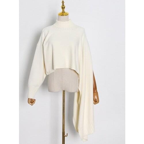 Autumn Winter Women Loose Pullover Sweater Slit Irregular Loose Short Knitted Top All-match Turtleneck Sweater Top