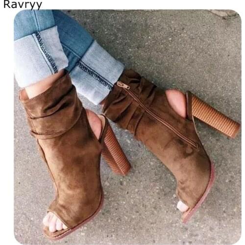 Autumn Fashion womans short boots peep toe thick heel ankle boots slingbacks brown suede leather dress shoes female booties