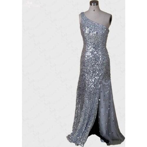 RSE264 One Shoulder Crystal Sequince Split Leg Silver Gray Gown Vestido Longo Mother Of The Bride Dresses