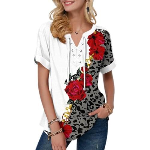 Plus Size Women Clothing Short Sleeve Floral Print T-shirts Fashion Bandage V Neck Summer Tee Lady Loose Casual Elegant T-Shirt