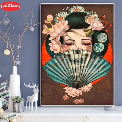 Full Square Drill round Drill Japanese fan woman DIY Diamond Painting handmade 3D Embroidery arts Cross Stitch Mosaic Decor gift