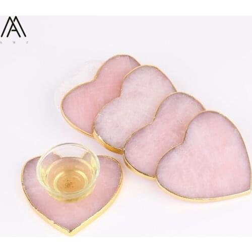 Approx 90-95mm Plated Gold Edges Heart Shape Pink Quartz Coaster Home Cups Mat Crystal Stone Home Darily Decoration CX-03AMCJ