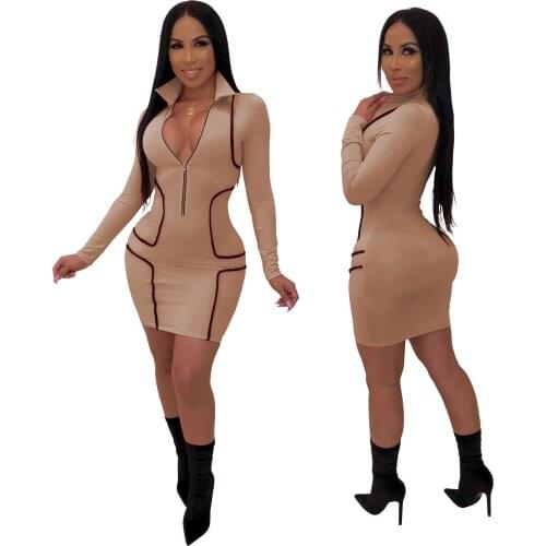 Long Sleeve Sexy Women Dress Party Mini club bodycon Dresses Zipper Deep V-neck Turtleneck Clothes