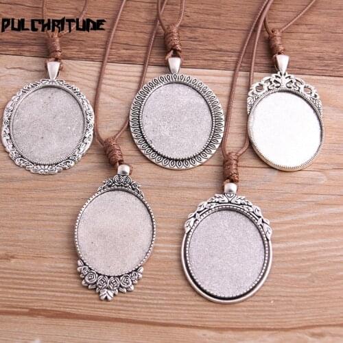 Zinc Alloy 30*40mm Oval Cabochon Settings Blank Cameo Pendant Base Tray With Leather Cord For Jewelry Making