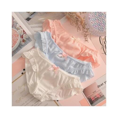Japanese underwear cute girl wooden ear shorts lace sweet plaid briefs cotton underwear women