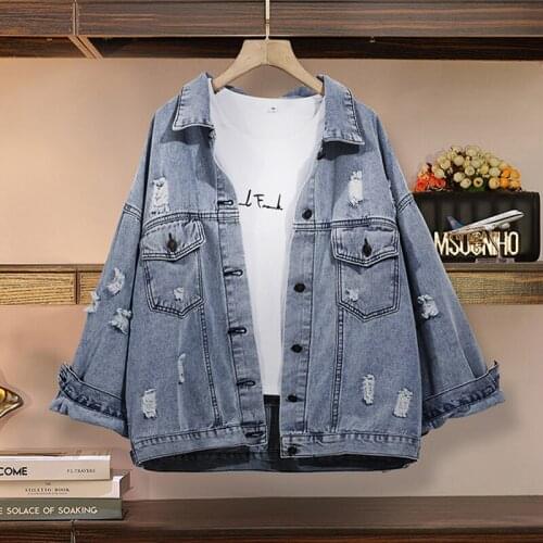 Oversized Spring Hole Long-Sleeved Denim Jacket Womens 2021 New Korean Fashion Loose Retro All-Match Jeans Coat Female 5XL A723
