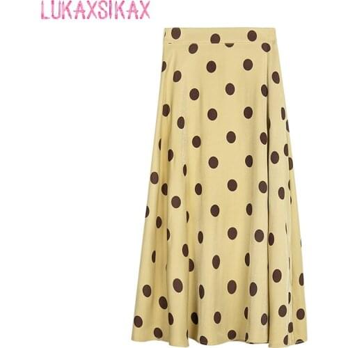 2020 New Spring Autumn Women Skirt Korean Fashion Dots Print High Waist Slim Midi Long Skirt Elegant Vintage Skirt