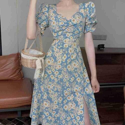 Elegant French V Neck Floral Short Sleeveless Dress Side Sleeve Women Retro Trumpet Dress Fashion Split Floral G8P9