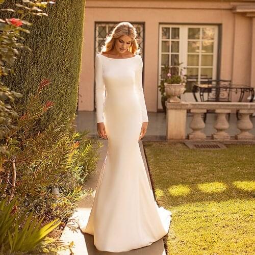 Mermaid Wedding Dresses White For Women 2021 Sexy Robe De Mariee Long Sleeves Scoop Neck Backless Sweep Train Muslim Bridal