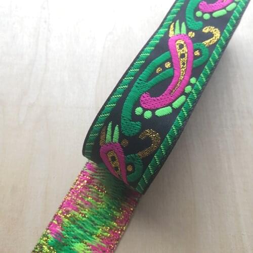 3.3cm 33mm 1-3/8'' Green Pink Gold Filigree Blink Flower Shiny Floral Paisley Trim Ribbon Costume National Jacquard Webbing Lace