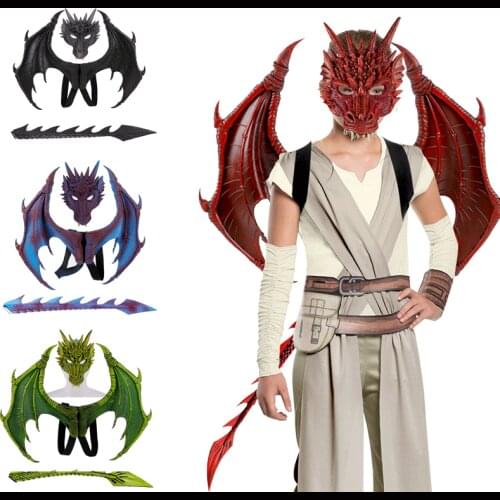 3PICS Dinosaur Costume Halloween Gift Carnival Party Kids Cosplay Prop Dragon Wing Mask Tail Children Dragon Costume Xmas Gift