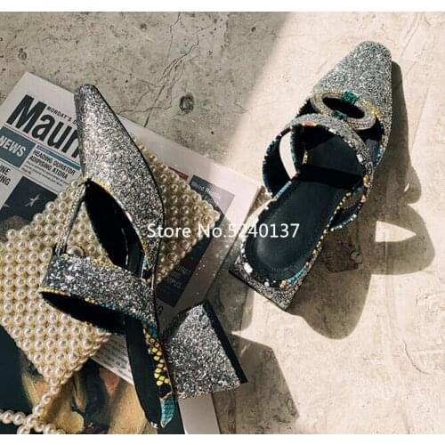 Bling Silver Women Slippers Pointed Toe Sequined Cloth Hollow Chunky Heel New Muller Shoes Female