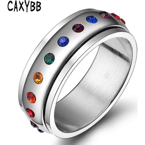 Caxybb Classic Rainbow Ring for women colored rhinestones studded finger ring for men Titanium stainless steel party ring