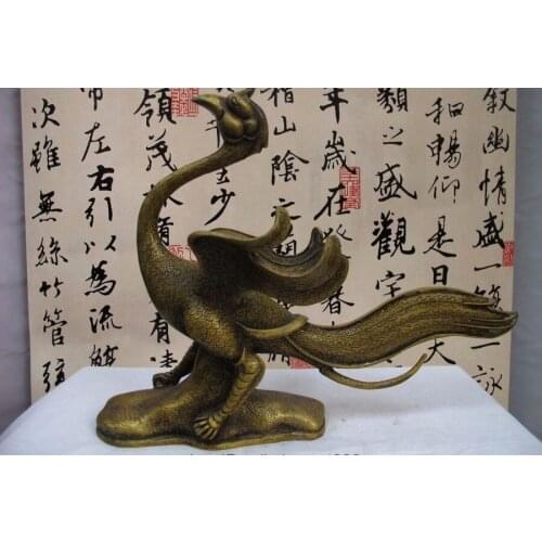 10"Chinese Royal Pure Bronze Fly Phenix Zhu Que Suzaku bird God Statue