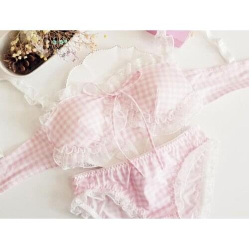 2020 New 100% Real Photo M L XL Lovely Cute Lolita Kawaii Plaid Check Seamless Wireless Bra Panties Set Underwear Lingerie RB341