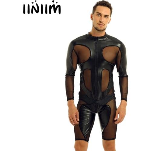 Iiniim Mens Sexy Bodysuit Lingerie Gay Male Bodycon Splice Zipper Boxer Shorts Leotard Jumpsuit Bodystocking Sexy Clubwear