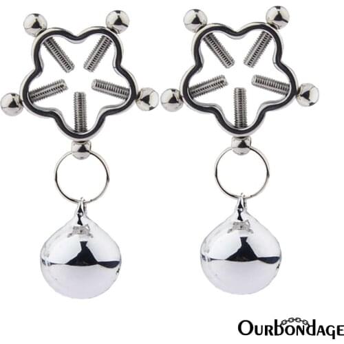 Ourbondage Stainless Steel 2 Type Plum Blossom Nipple Clamps Clips With Chains or Bells Adult Sex Toys For Women Lesbian Couples