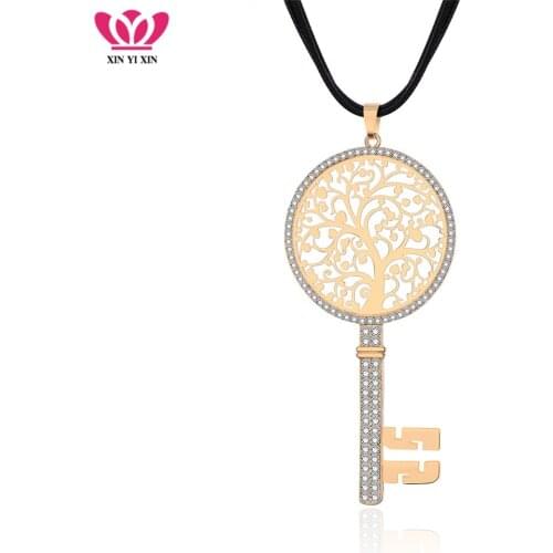 Tree of life Crystal Key Big Pendant Necklace for Women 3 Leather Chains Long Sweater Jewelry Girl Christmas Halloween Gift