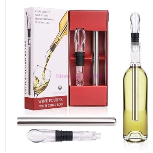 20set 2pcs/set Rushed Ice Bucket Stainless Steel Barware Wine Pourer With Bottle Coolers Chiller Stick Spout Aerator Hot Sale