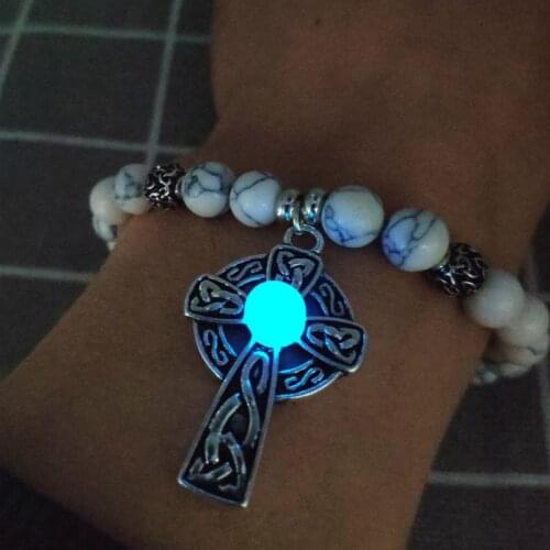 Retro Metal Cross Pendant Luminous Bangle Personality Natural Stone Beads Bracelet Glow In The Dark Jewelry Gift for Women Men
