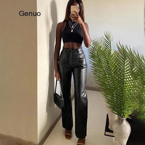 Luxurious Faux Leather Vintage Y2K Leisure Straight Pants For Women Autumn Winter Office Lady Slim Design Trousers Female