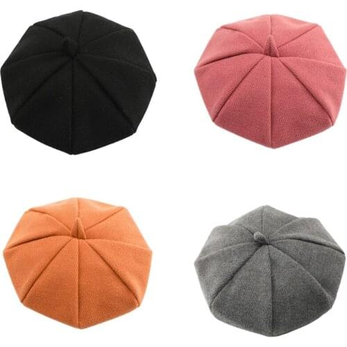 Kids Girls Winter Knitted Beret Hat Solid Color Outdoor Travel Vintage Adjustable Octagonal Pumpkin Painter Beanie Cap