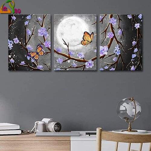 Triptych purple magnolia flower butterfly & full moon DIY Diamond Painting Full Square Diamond Embroidery Rhinestones Pictures