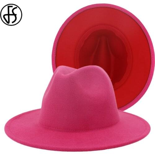 FS Outer Rosy Inner Red Patchwork Women Men Wide Brim Wool Felt Fedora Hats Jazz Ladies Flat Panama Trilby Party Hat 60 CM