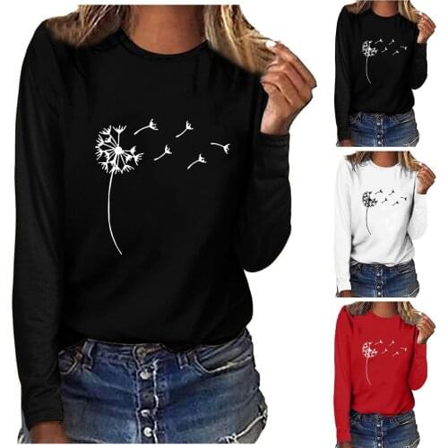 Women Casual Long Sleeve Round Neck Dandelion Flying Printing T-shirt Solid Color Blouse Top Daily All-match Girls T-shirt Top