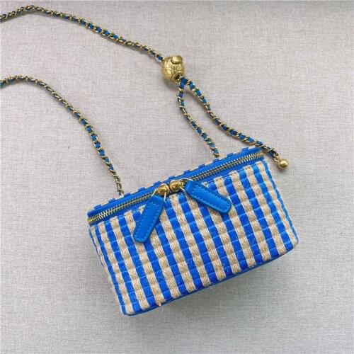 Straw And Real Leather Chain Cosmetic Bag Womens Luxury Brand Designer Straw Bag Lady 2021 Style Small Shoulder Raffia Box Bag
