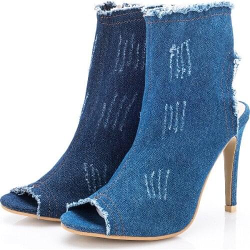 Denim Ankle Boots Women Pumps 2021 Fashion Sexy Fish Mouth High Heel Boots Zipper Side Heel Summer Cool Boots Girls Ladies Shoes