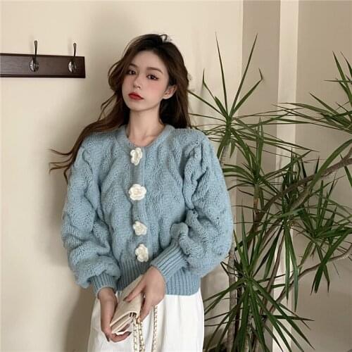 Autumn And Winter Womens Short Knit Sweater French Temperament Flower Sweater Western Style Christmas Red Puff Sleeve Top