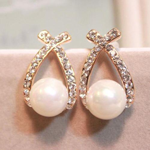 1 Pair Women Earrings Faux Pearl Ear Studs Earrings Cross Alloy Rhinestone Wedding Jewelry Gift Womans accesories