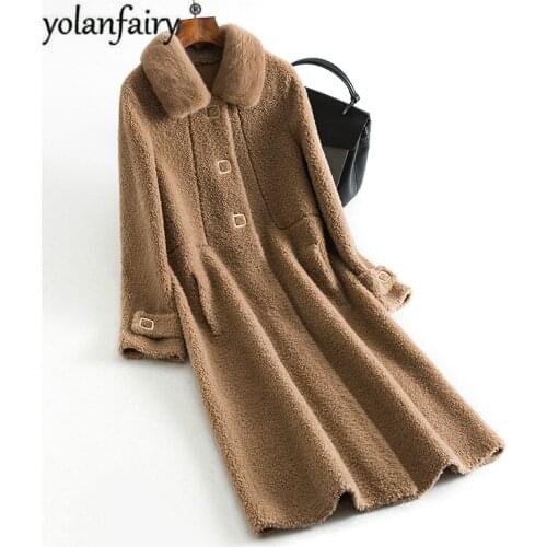 2020 Long Real Fur Coat Women 100% Wool Fur Coats and Jackets Mink Fur Collar Korean Winter Jacket Manteau Femme Fourrure KJ3568