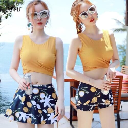 3 Piece Bikini Set Korea Cute Swimsuit Women Swimwear 2021 Cross Bra Print Skirt Bathing Suit Swimming Suit for Women Beach Wear