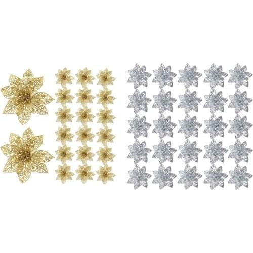 40 Pcs Glitter Christmas Tree Ornaments Artificial Wedding Christmas Poinsettia Flowers Silver & Gold