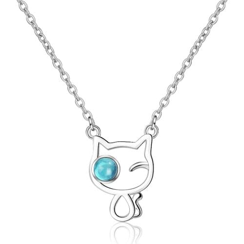 4242 New Arrival 925 Sterling Silver Sweet Cat Blue Crystal Ladies Pendant Necklaces Jewelry Women Birthday Gift Short Chain