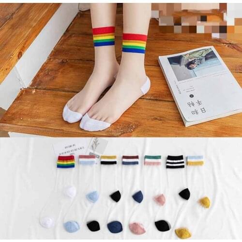 BKLD Hipster Harajuku Ankle Socks Women Fashion Transparent Rainbow Stripe Short Female Socks Summer Ultra-thin 2019 Women Socks