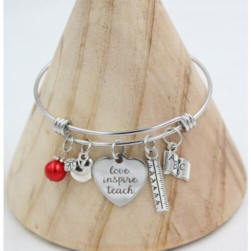 10PCS Stainless Steel Bangle & Bracelet Book Ruler Apple Teacher Charm Bracelet Bangle Jewelry Teachers Gift Bijoux Pulsera