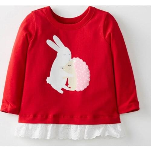 Little Maven New Autumn Spring Children Red Rabbit Printed Full- sleeved O-neck Cotton Knitted Girls Lace Casual Tshirt