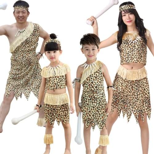 Halloween Kids leopard Savage Caveman Croods Primitive Sexy Indian With Headwear Costume Carnival For Adult Men Women