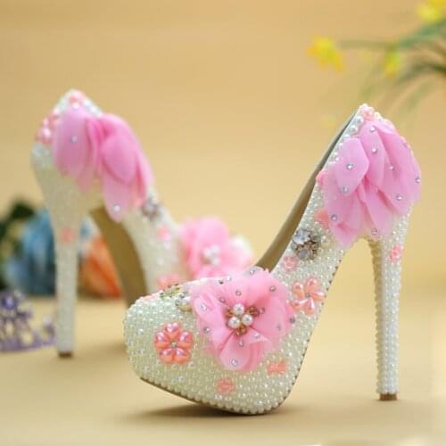 Crystal shoes pink pearls lace high shoes for the bride wedding shoes