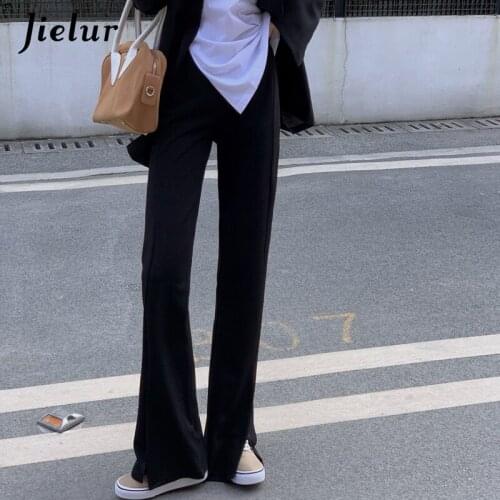 Jielur Korean Style High-Waisted Slim Split Trousers Female Straight Loose Wide-Leg Pants for Women Black Womens Suit Pant M-L