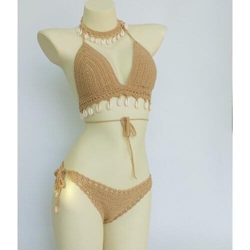 3pcs Bikini Set Woman Crochet Shell Tassel Bikini Top And Seashell Ankle Chain Sexy Beach Skirt Lace See Through Slim Mini Skirt