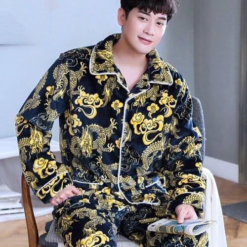 Coral Fleece Male Pajamas Suit Warm Nightgown 2PCS Sleep Set Winter Warm Flannel Nightwear Home Clothes Soft Pijamas Shirt&Pants