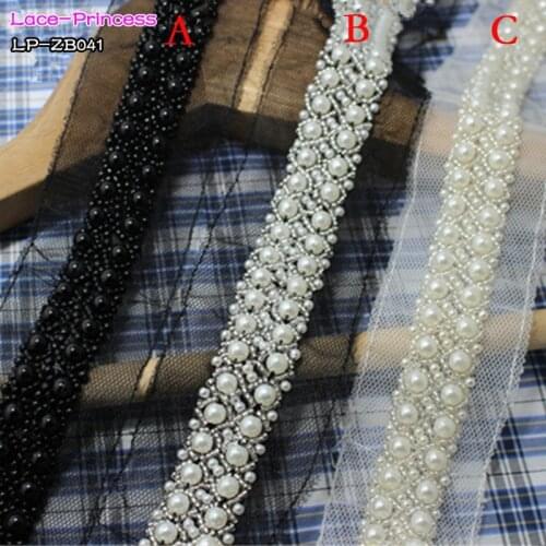 1 yard 2CM white black fabric beaded drill clothing accessories collar flower DIY handmade beading Braid lace trim fabric ZB041
