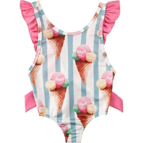 Summer Toddler Infant Baby Girsl swimsuit Swimwear Beachwear One-piece Ruffles Pool Bathing suit Swimming Ice cream Cute 1-4Y